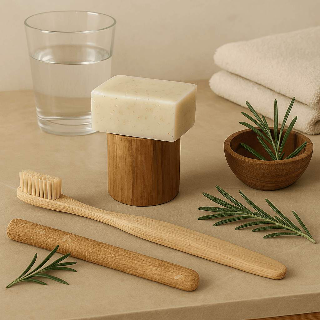 Natürliche Zahnpflege Produkte - Bambus Zahnbürste, Naturseife und Holzzubehör