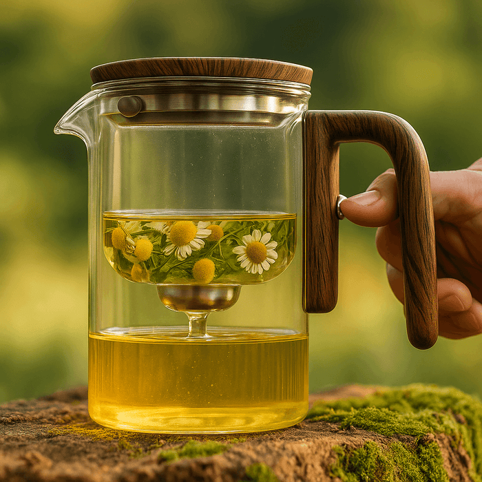 Elegante TEAVO Teekanne mit One-Click-Mechanismus, perfekt für die Zubereitung von Naturprodukten. Bamboria.