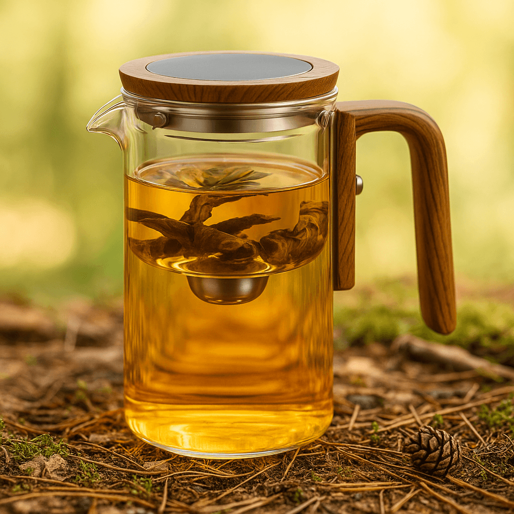 Transparente Teekanne aus Borosilikatglas mit Holzgriff – ideal für Naturprodukte wie Kräutertee. Bamboria.