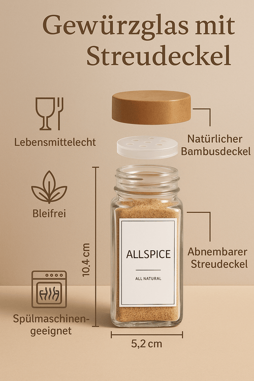Gewürzgläser mit Etiketten ordentlich einsortiert in Küchenschublade