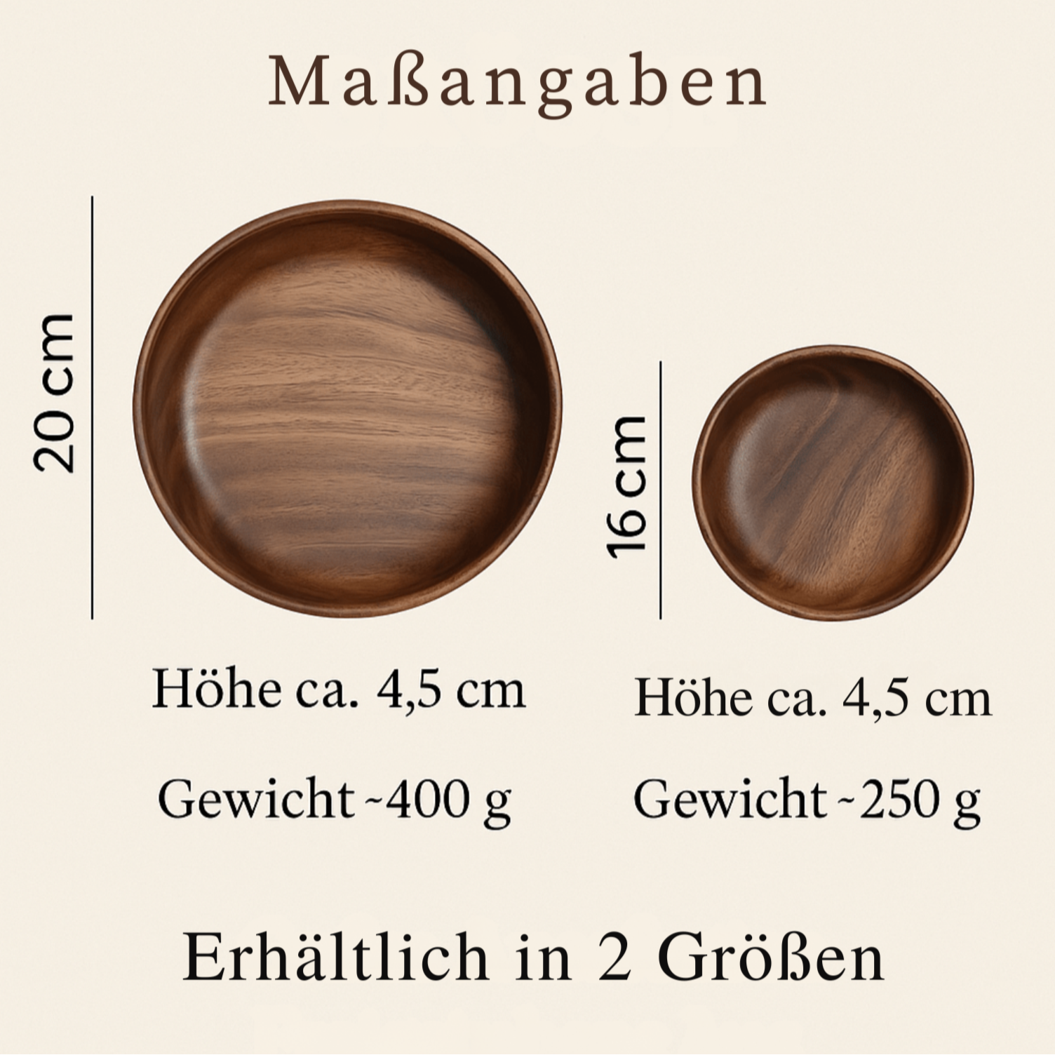 Zwei runde Schalen aus massivem Walnussholz in 20 cm und 16 cm Durchmesser, mit Höhen- und Gewichtsangaben, hochwertige Handarbeit mit natürlicher Holzmaserung